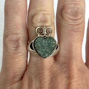 Sterling Silver 925 Ireland JMH Jewelry Claddagh Titanium Druzy Heart Ring 5.75